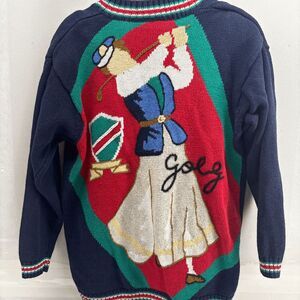 VTG Liz Sport Golf Cardigan Ugly Sweater Contest Winner Ramie Cotton Size M
